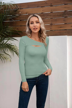 VICHYIE Womens Fashion Fall Clothes One Piece Cutout Tops Long Sleeve Ribbed Slim Fitted Shirts Tee Tshirts Large Long-moss Green